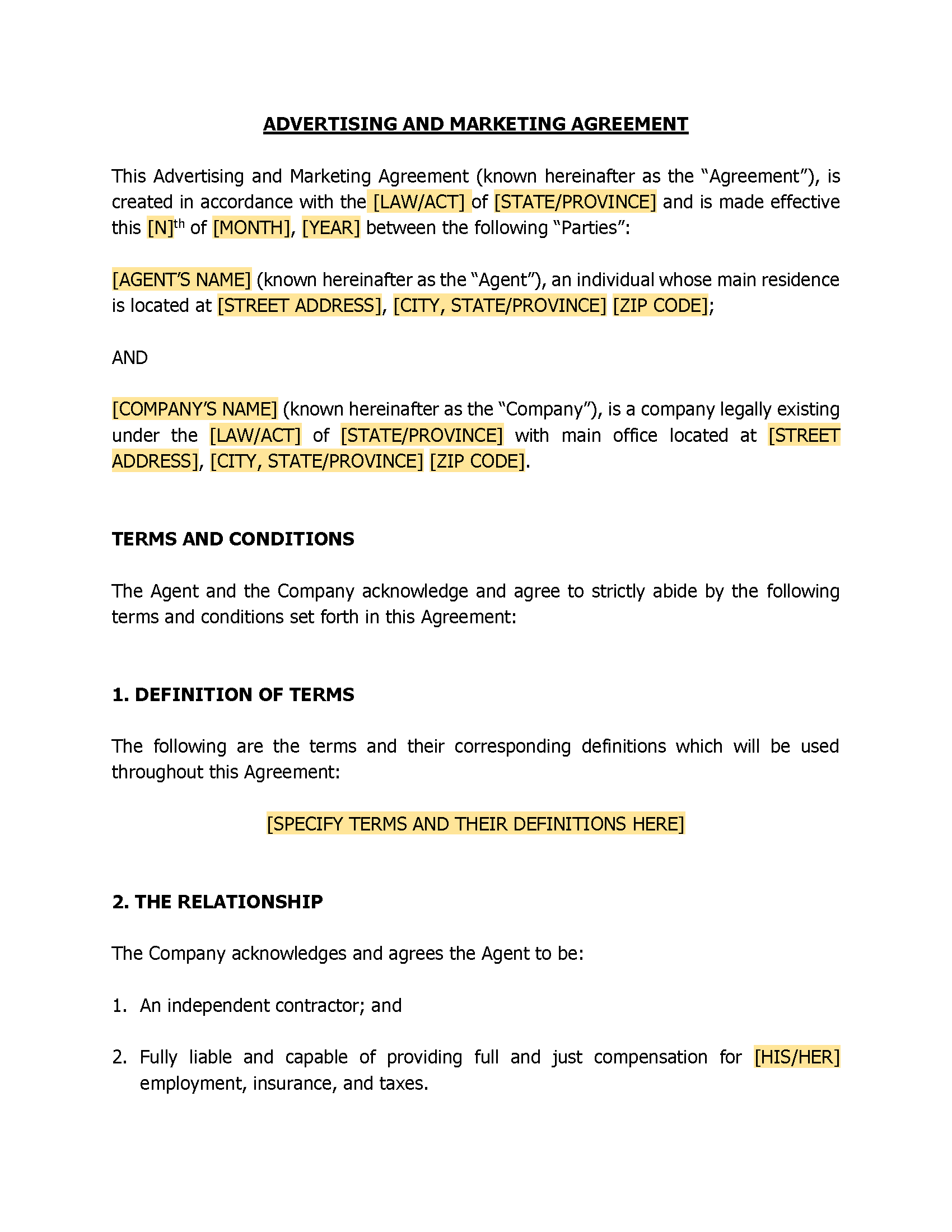Advertising And Marketing Agreement